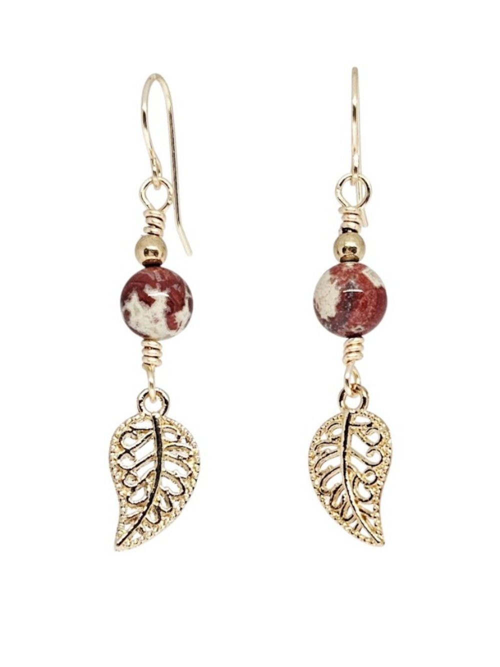 Handmade Red Jasper Gemstone Earrings Gold Tone Leaf Dangle Boho Natural Stone